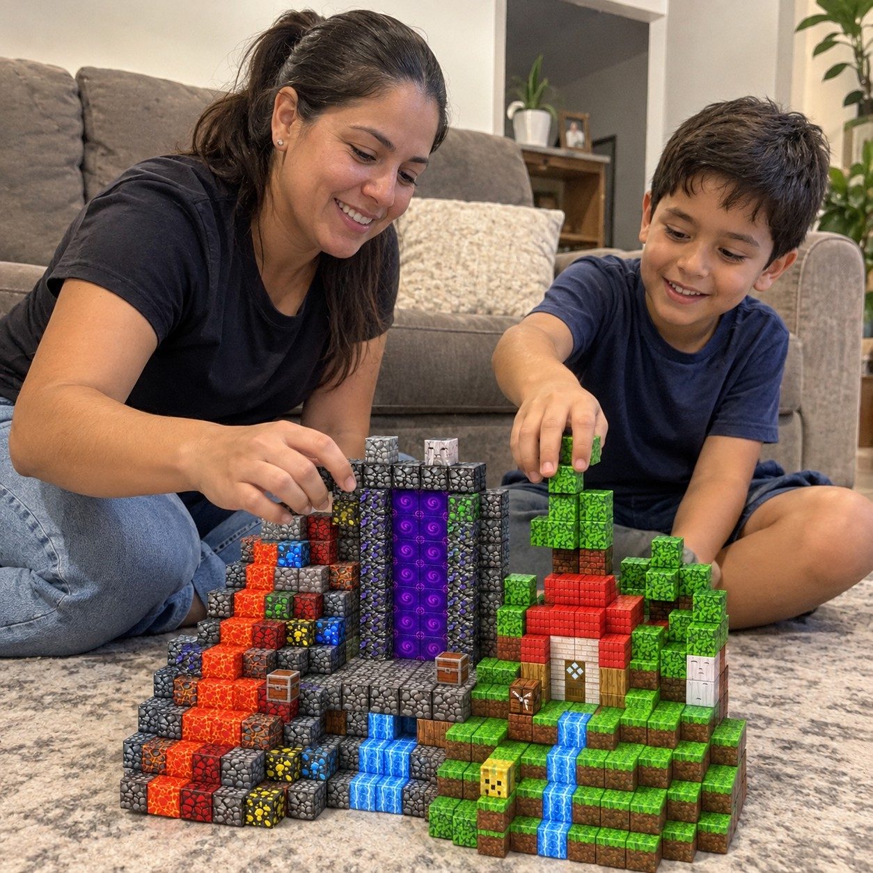 Mom and son snapping a purple portal beside a cube house