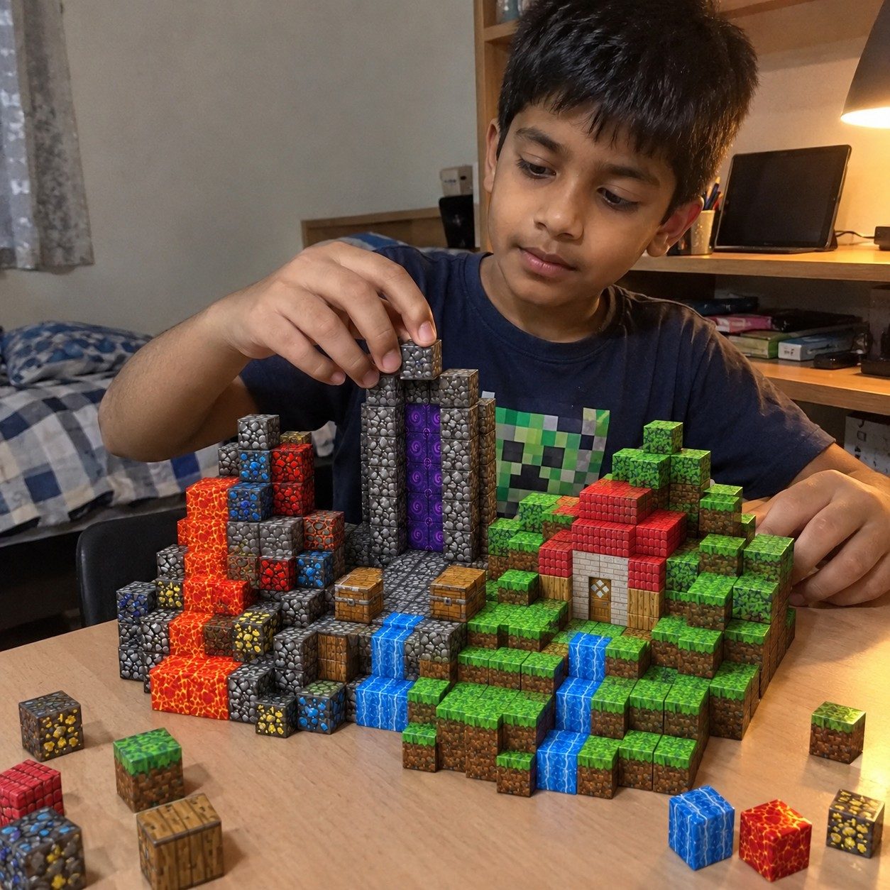 Boy building a stone tower at his bedroom desk