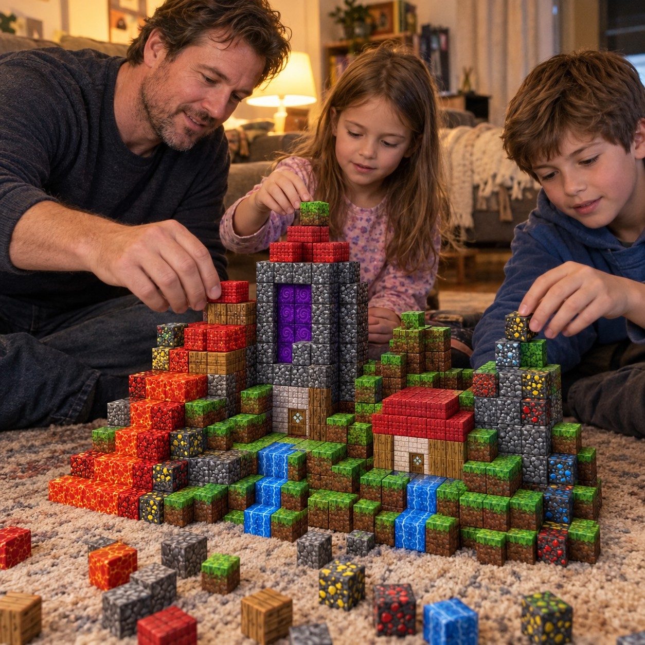 Dad and two kids building one castle on a rug
