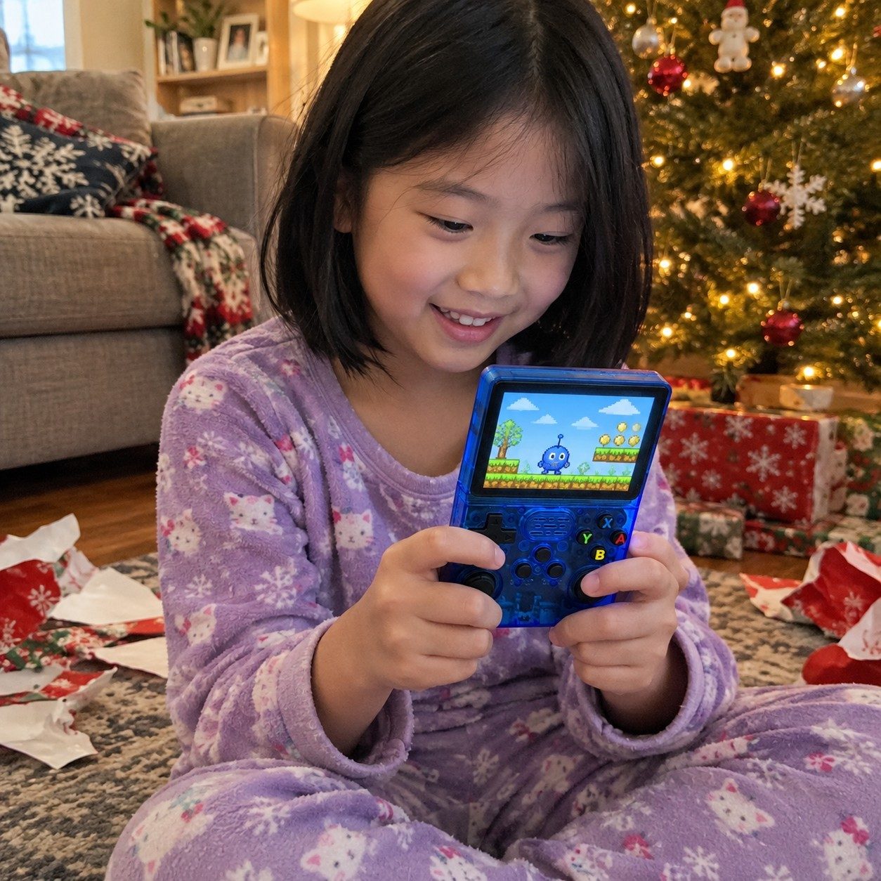 Girl playing Blue console beside Christmas wrapping