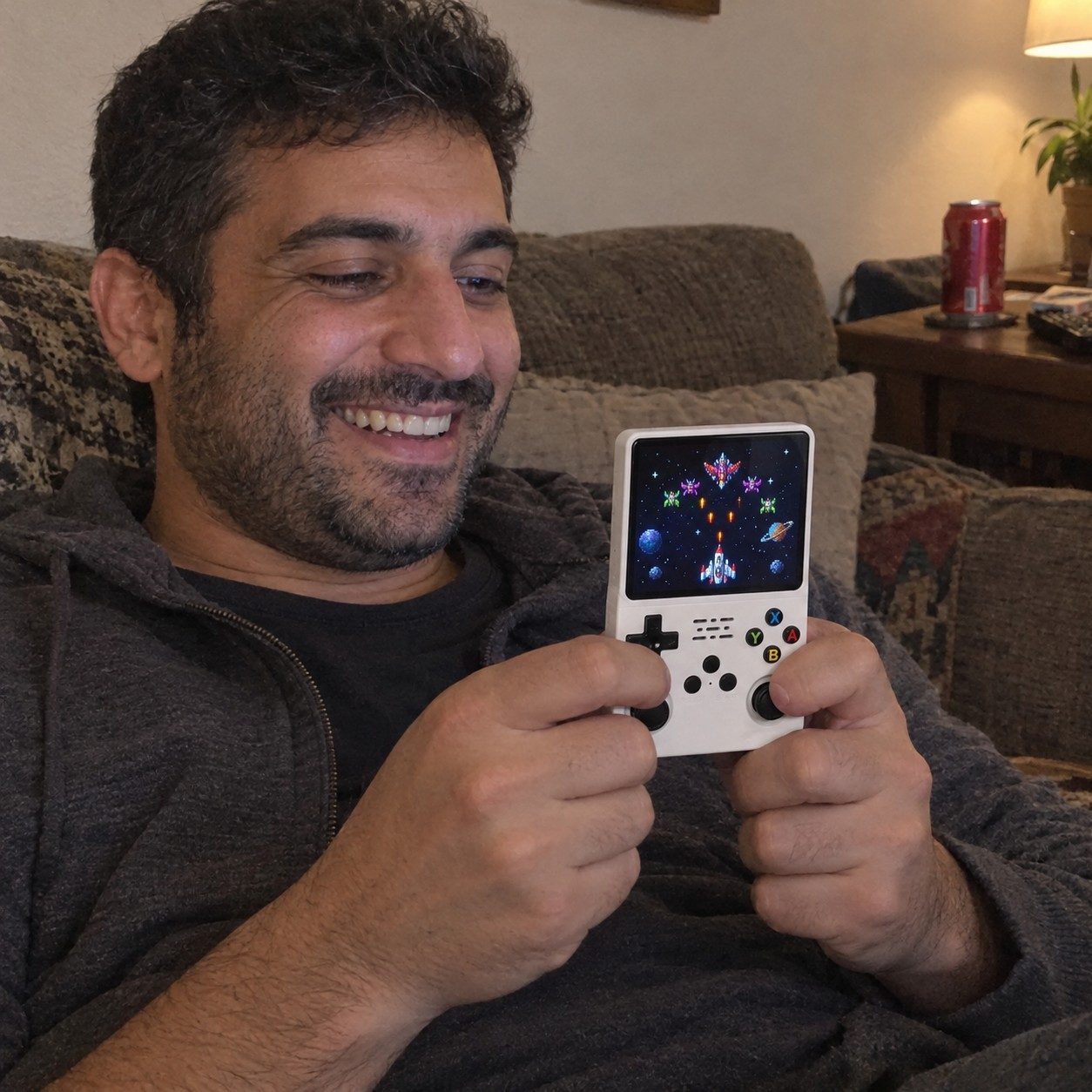 Man laughing on his couch while playing White console