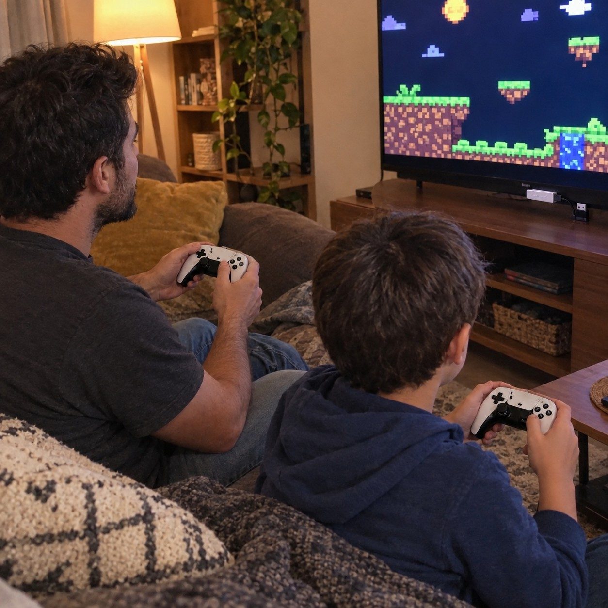 Dad and son on a couch playing a pixel game on TV