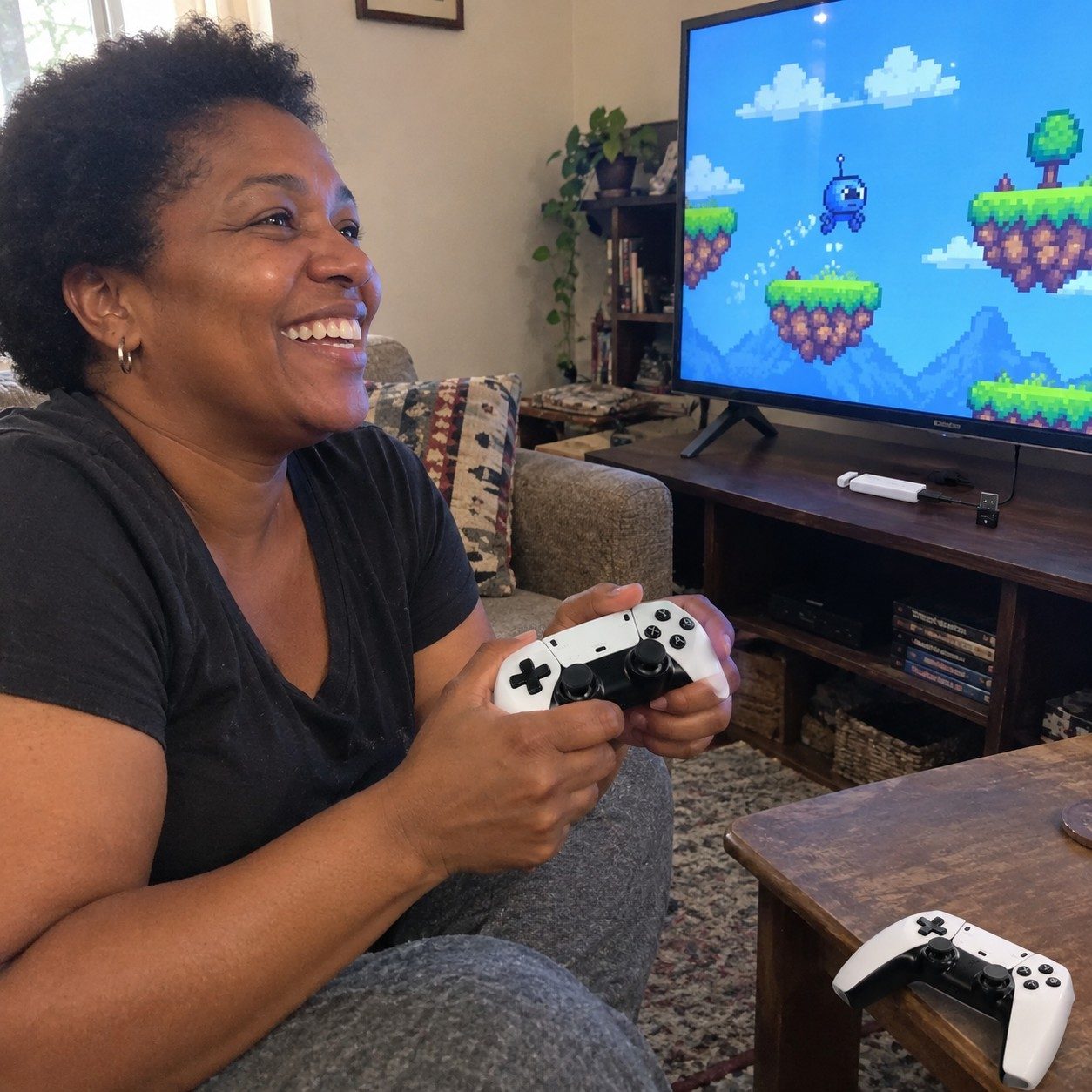 Woman laughing on a sofa with a white game controller