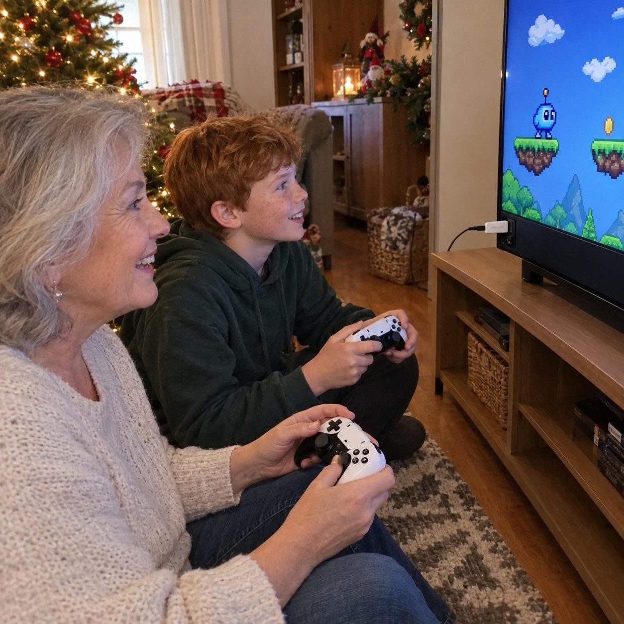 Grandmother and grandson playing games on a rug